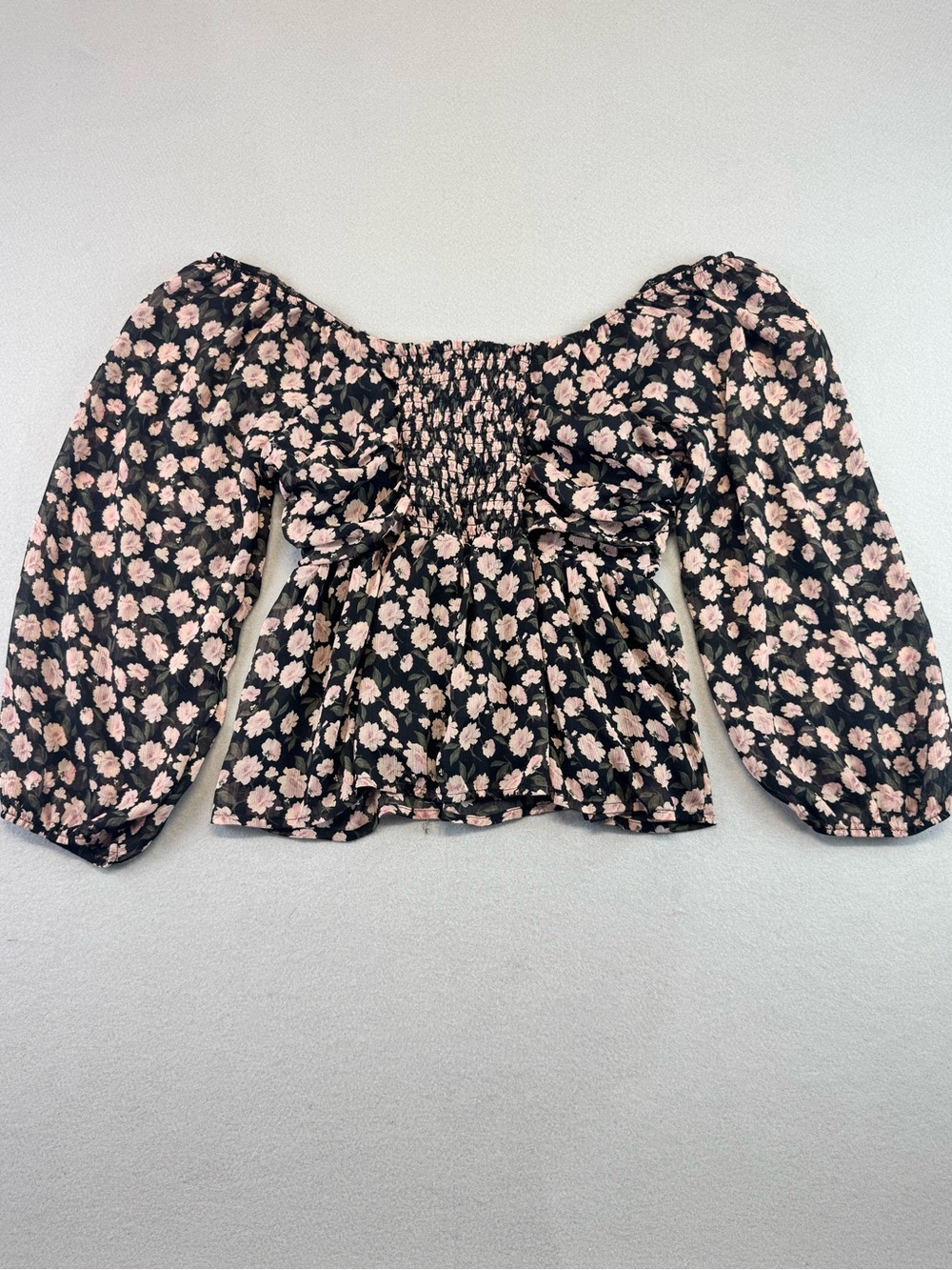 American Eagle Floral Off-Shoulder Peasant Top - Black with Pink Flowers, Medium - Picture 4 of 7